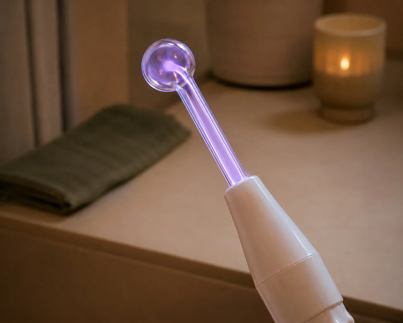 A high-frequency wand with a violet-glowing glass electrode at Uneka Facials in Lodi