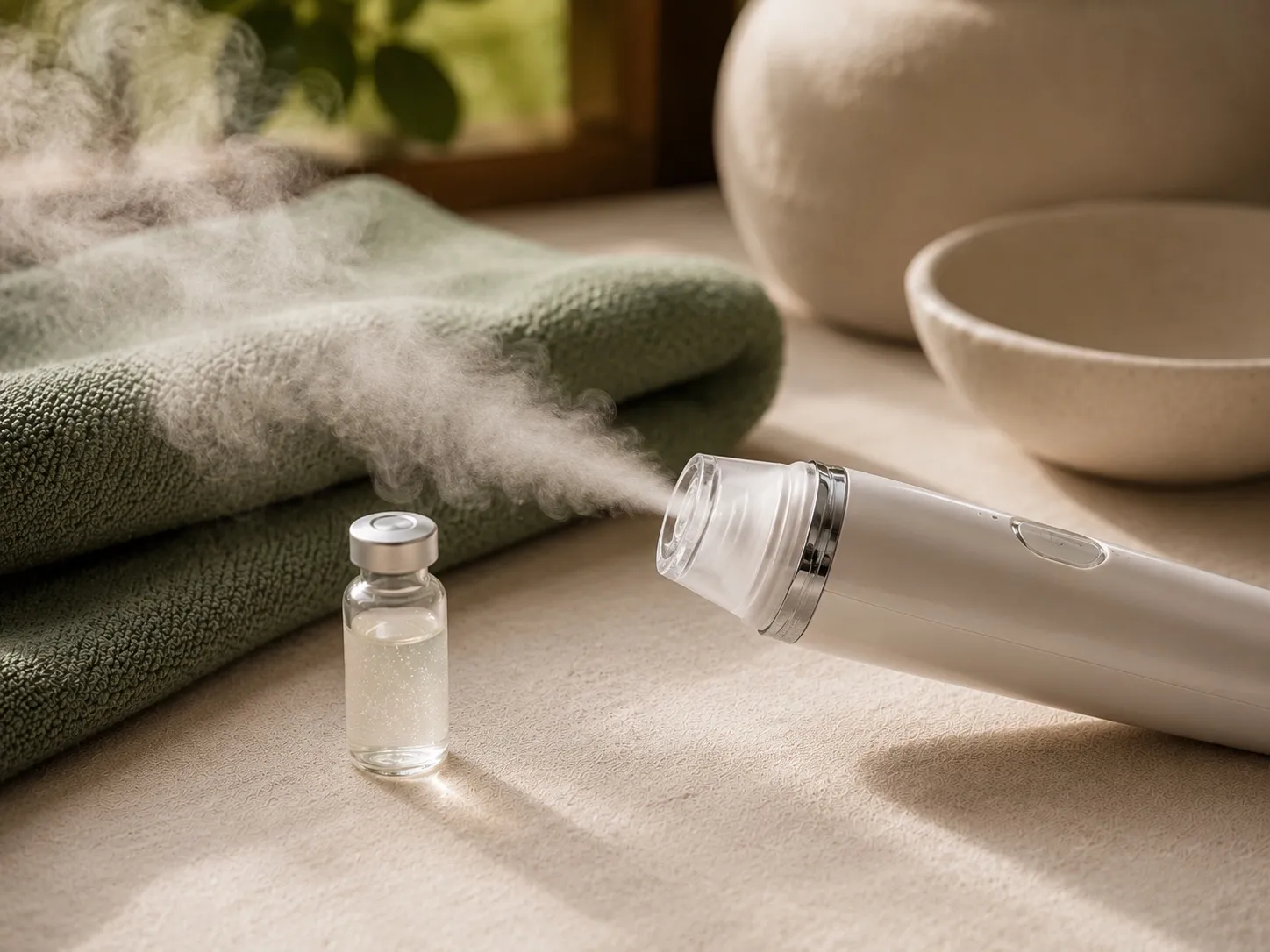 A facial wand releasing a gentle cool mist beside a serum vial at Uneka Facials in Lodi