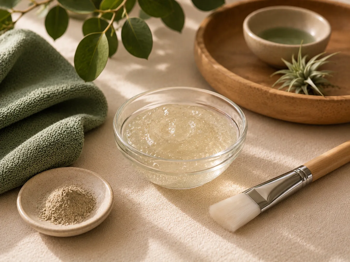 A clear peel gel in a glass bowl with a fan brush, ready for application