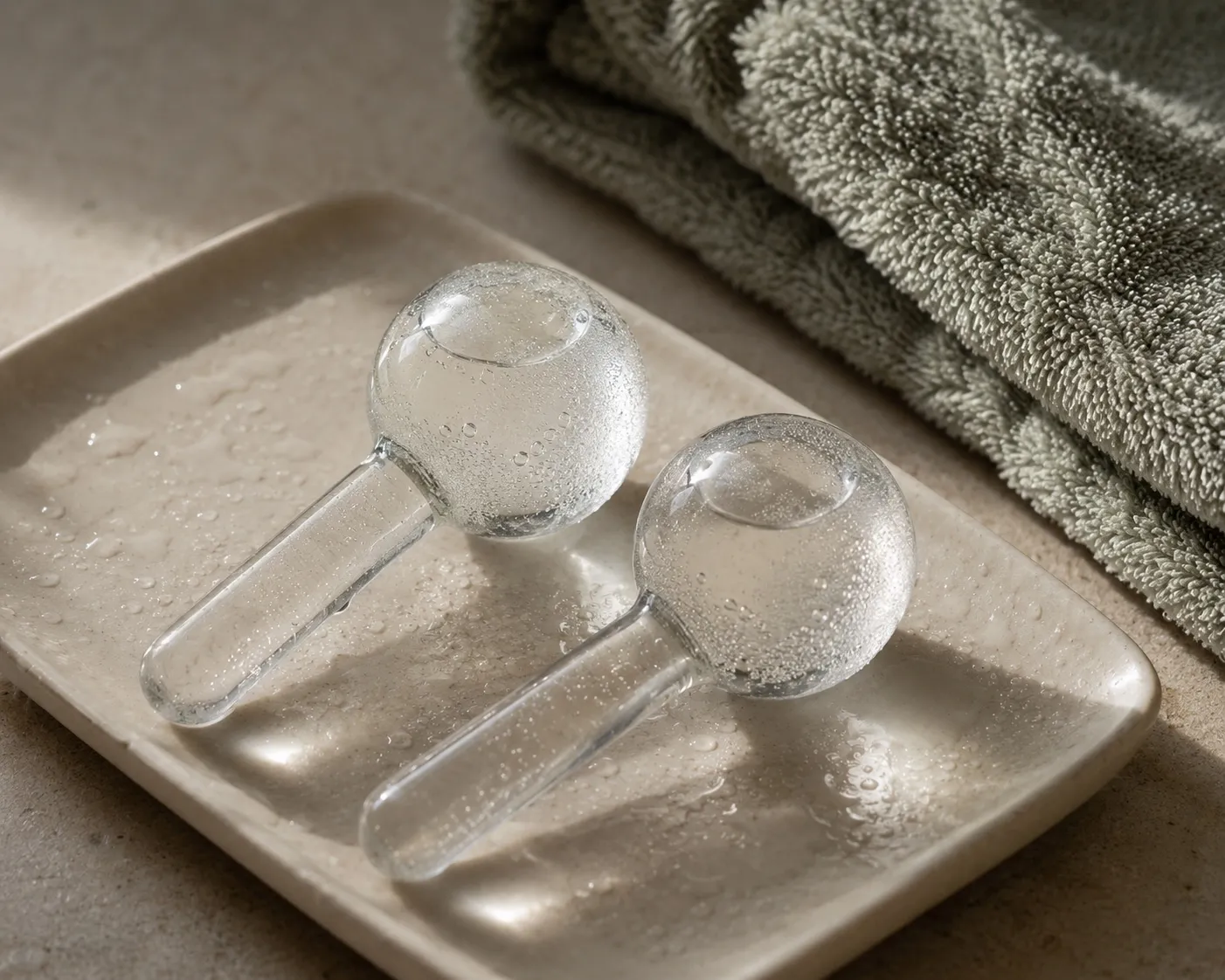 Chilled glass cooling globes for the eye area on a ceramic tray