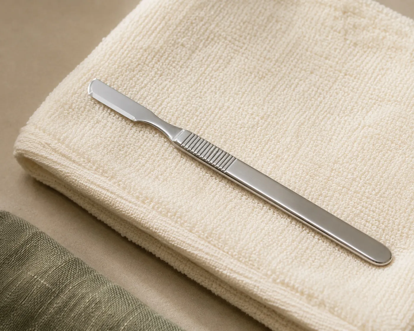 A dermaplaning blade tool resting on a folded cream towel