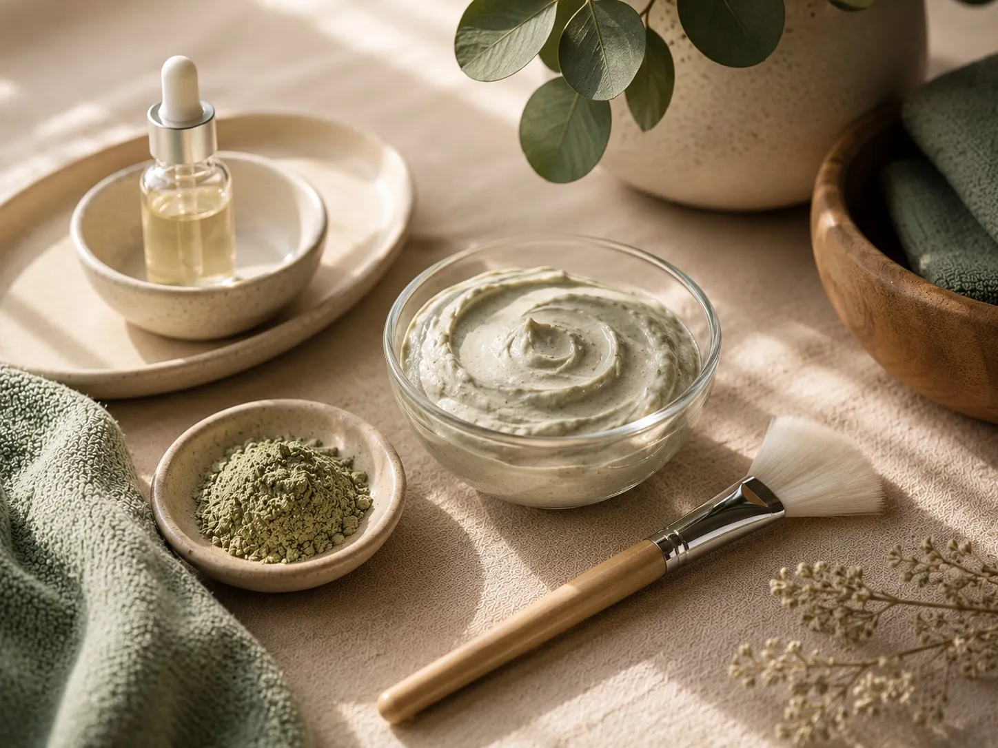 A bowl of green enzyme mask with a facial oil dropper and fan brush at Uneka Facials in Lodi