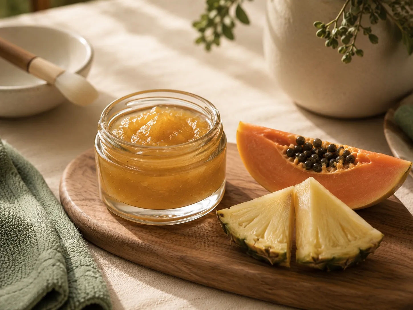 A jar of golden fruit-enzyme mask with fresh papaya and pineapple at Uneka Facials in Lodi