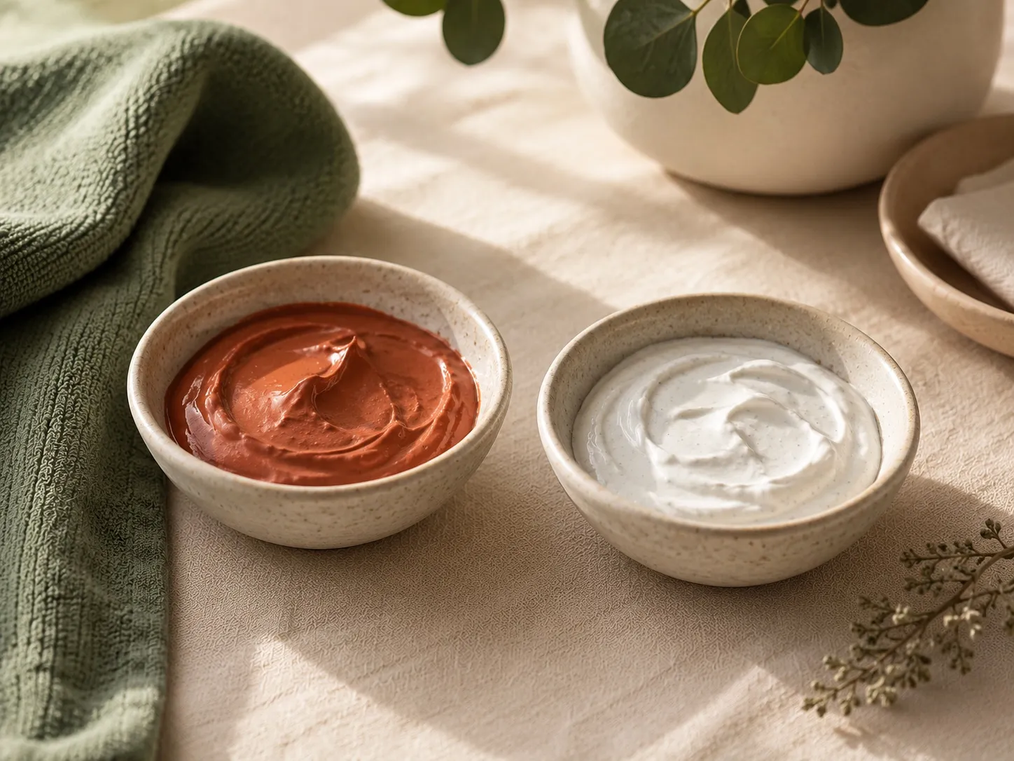Two ceramic bowls with a warm terracotta mask and a cooling white mask, side by side
