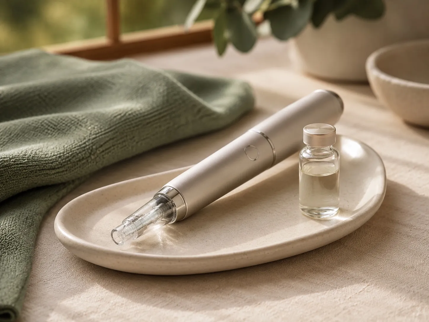 A nano-infusion pen and serum vial on a ceramic tray at Uneka Facials in Lodi