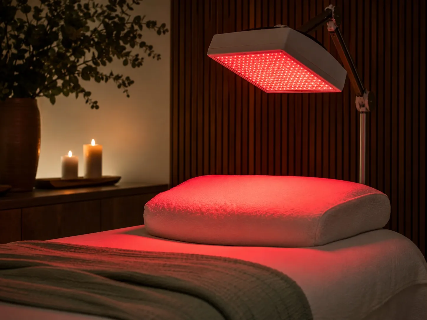 A red LED light-therapy panel glowing over the treatment bed at Uneka Facials in Lodi