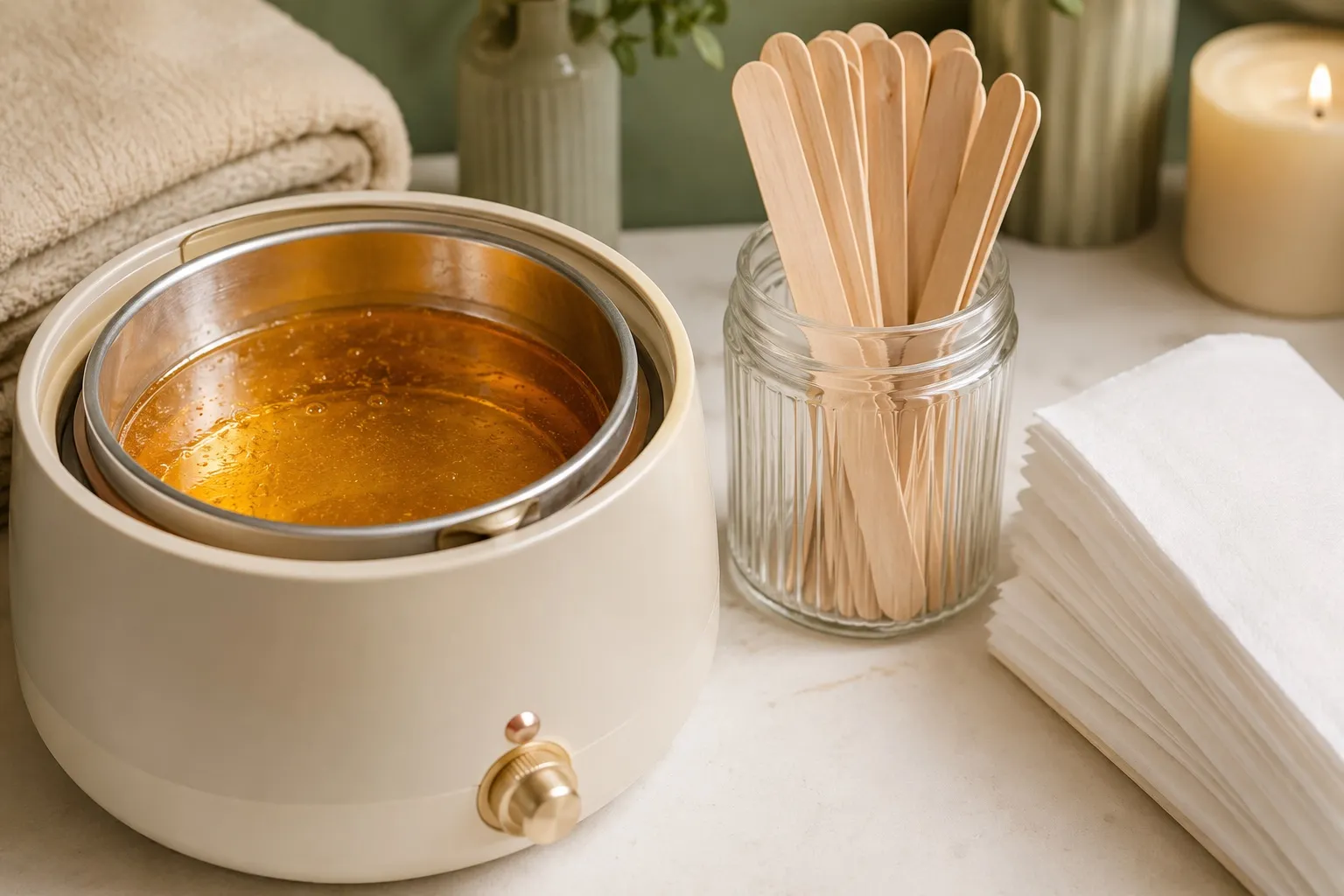 A wax warmer, wooden spatulas, and fresh linen strips in the private treatment room at Uneka