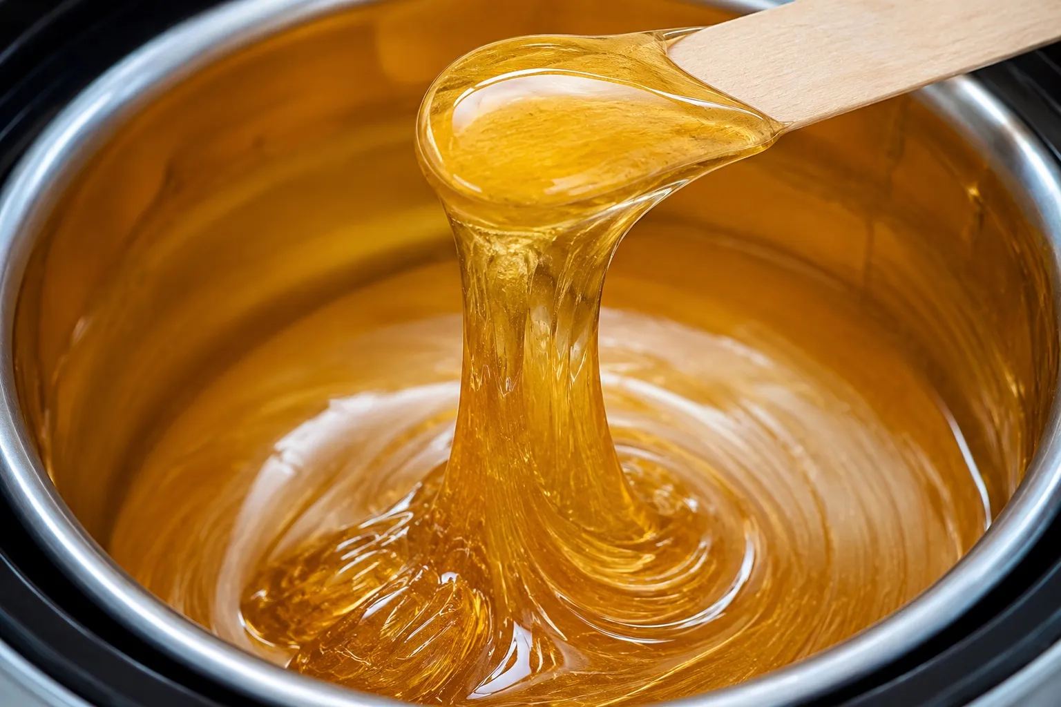 A wooden spatula lifting warm honey-colored wax from the pot